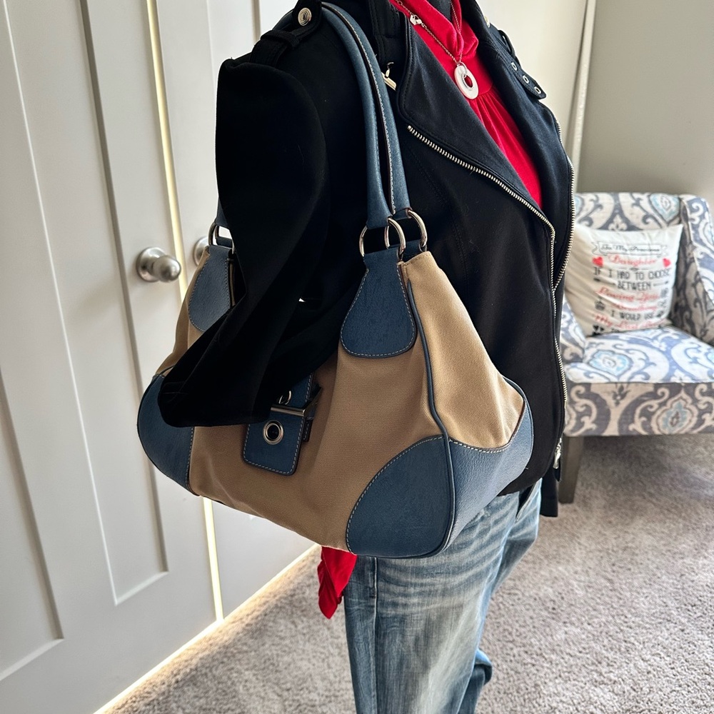 Prada Canapa canvas/leather blue moon and cream shoulder bag - Picture 2 of 16